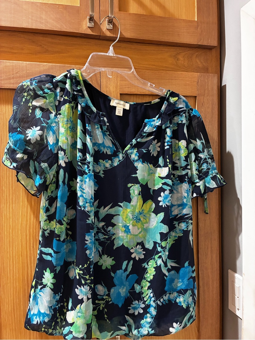 Floral Blouse - Blue, Yellow, & Green Print. Sz medium